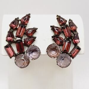 Vintage Purple Lavender Foil Back Rhinestone Clip Earrings Silver Tone